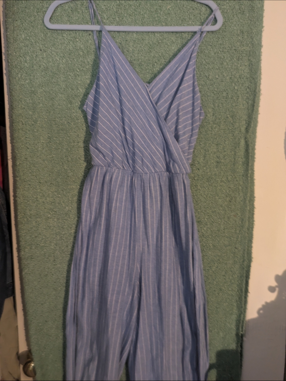**SALE**. Sienna Sky Blue Striped Spaghetti‑Strap Jumpsuit